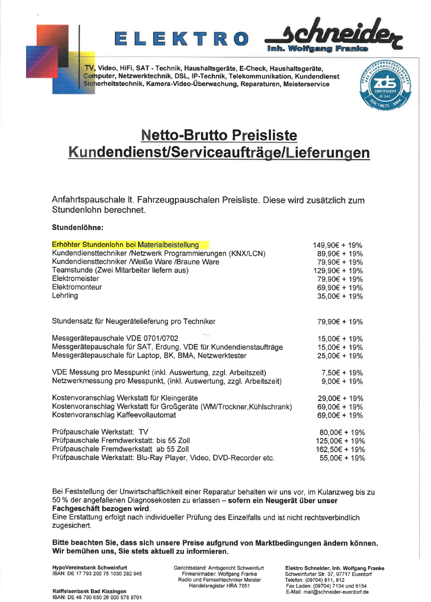 Preisliste 2026